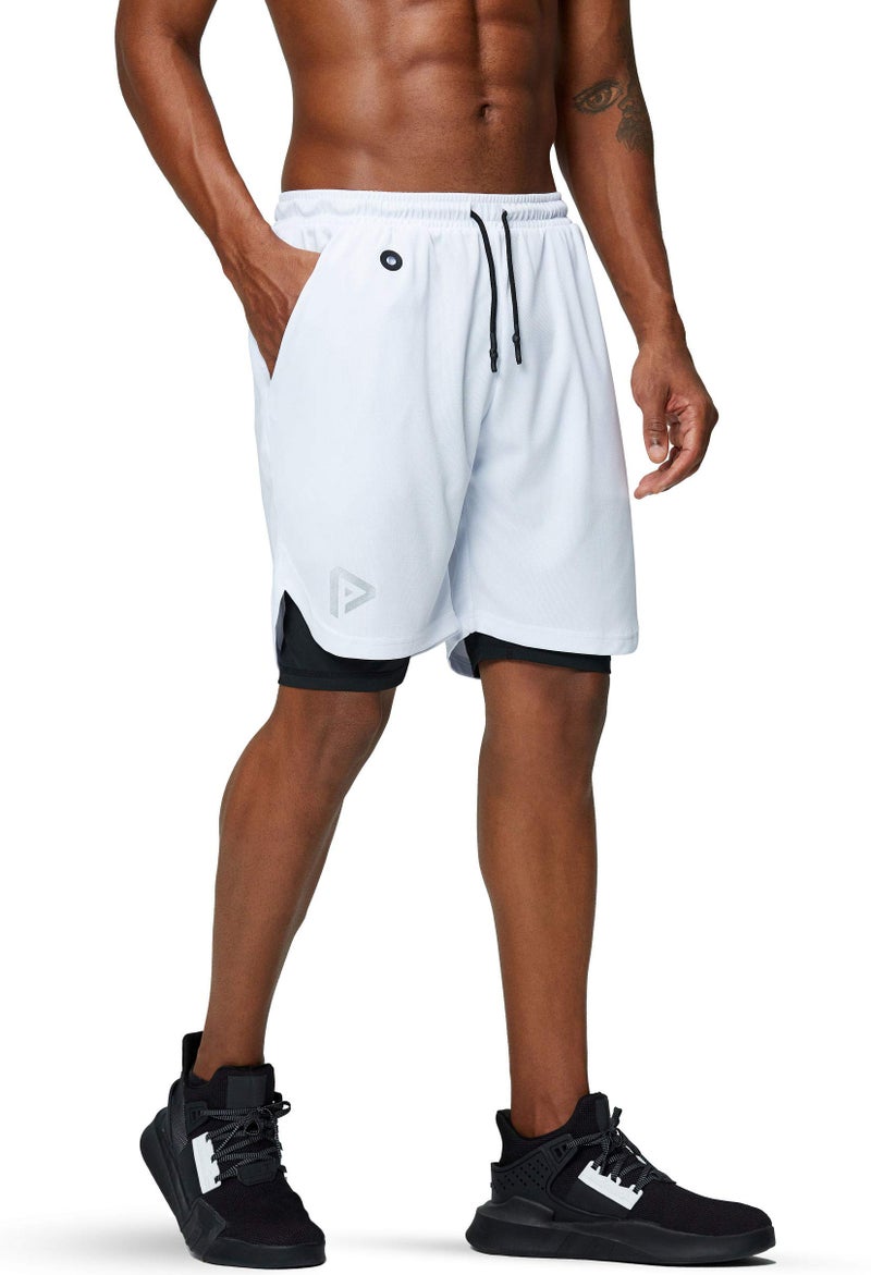 Pinkbomb Men's 2 in 1 Running Shorts Gym Workout Quick Dry Mens Shorts with Phone Pocket (White, Large) - Image 4